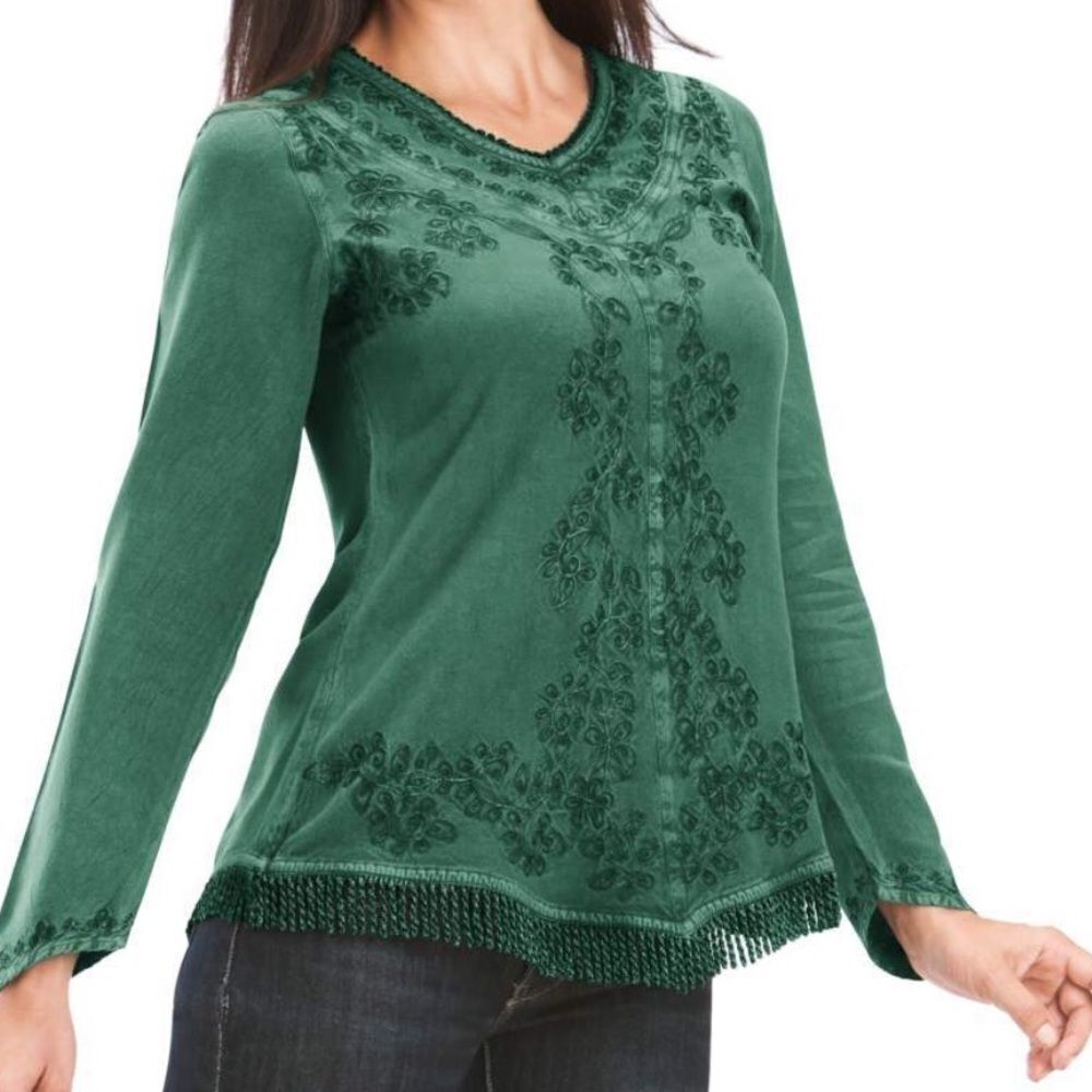 Emerald Green Long Sleeve Embroidery Fringe Trim Handmade Tunic Top Blouse
